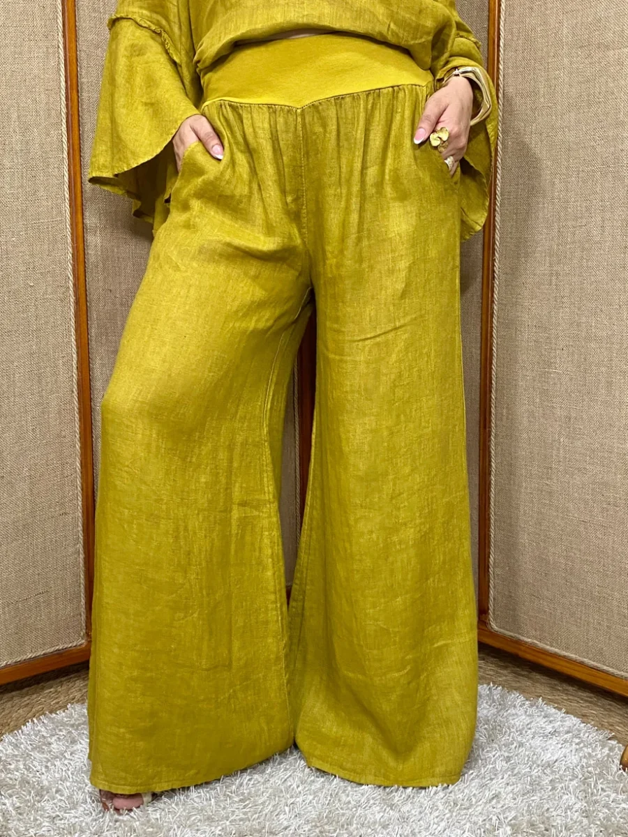 Pantalón palazzo en lino bolsillos laterales