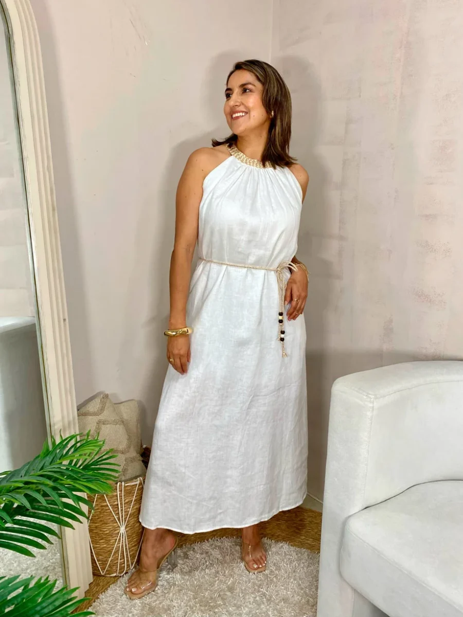 Vestido maxi en lino cuello halter