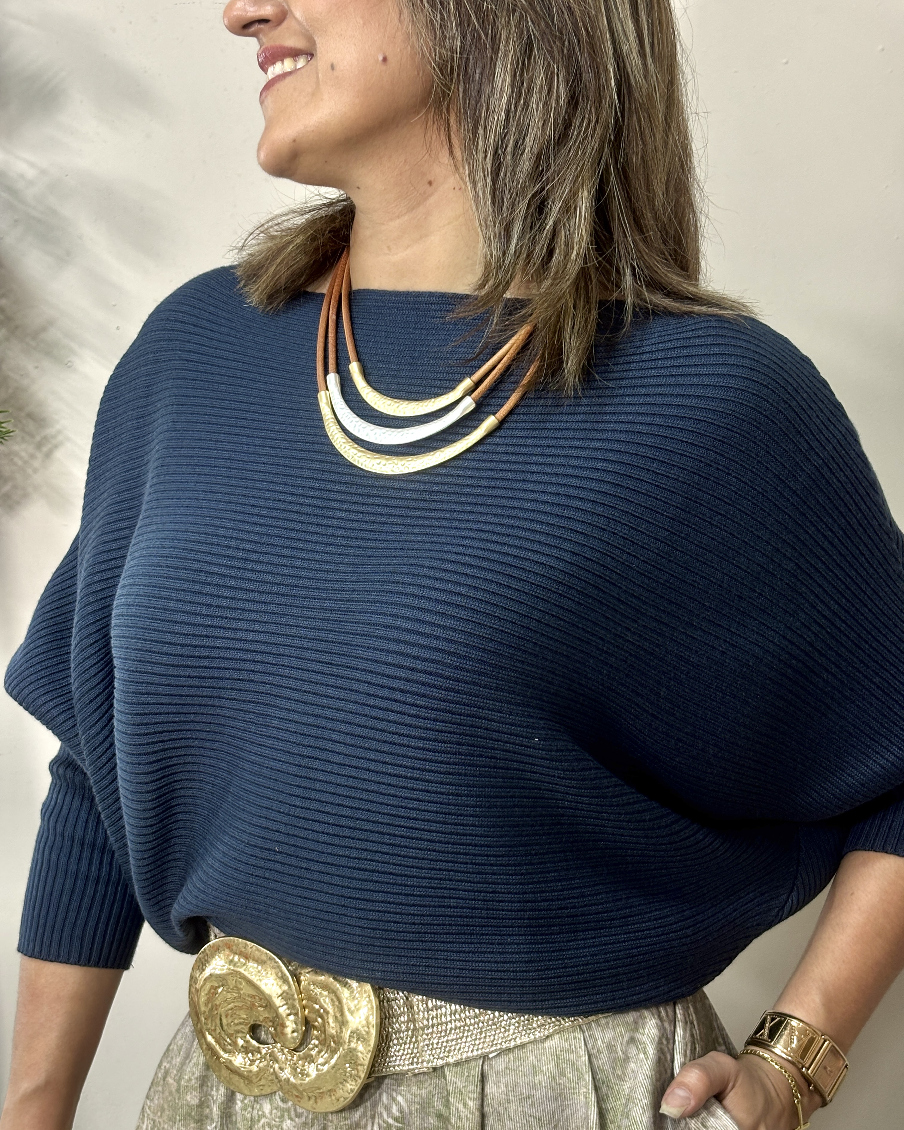 Blusa manga kimona de tela acanalada - S, Azul ultraoscuro