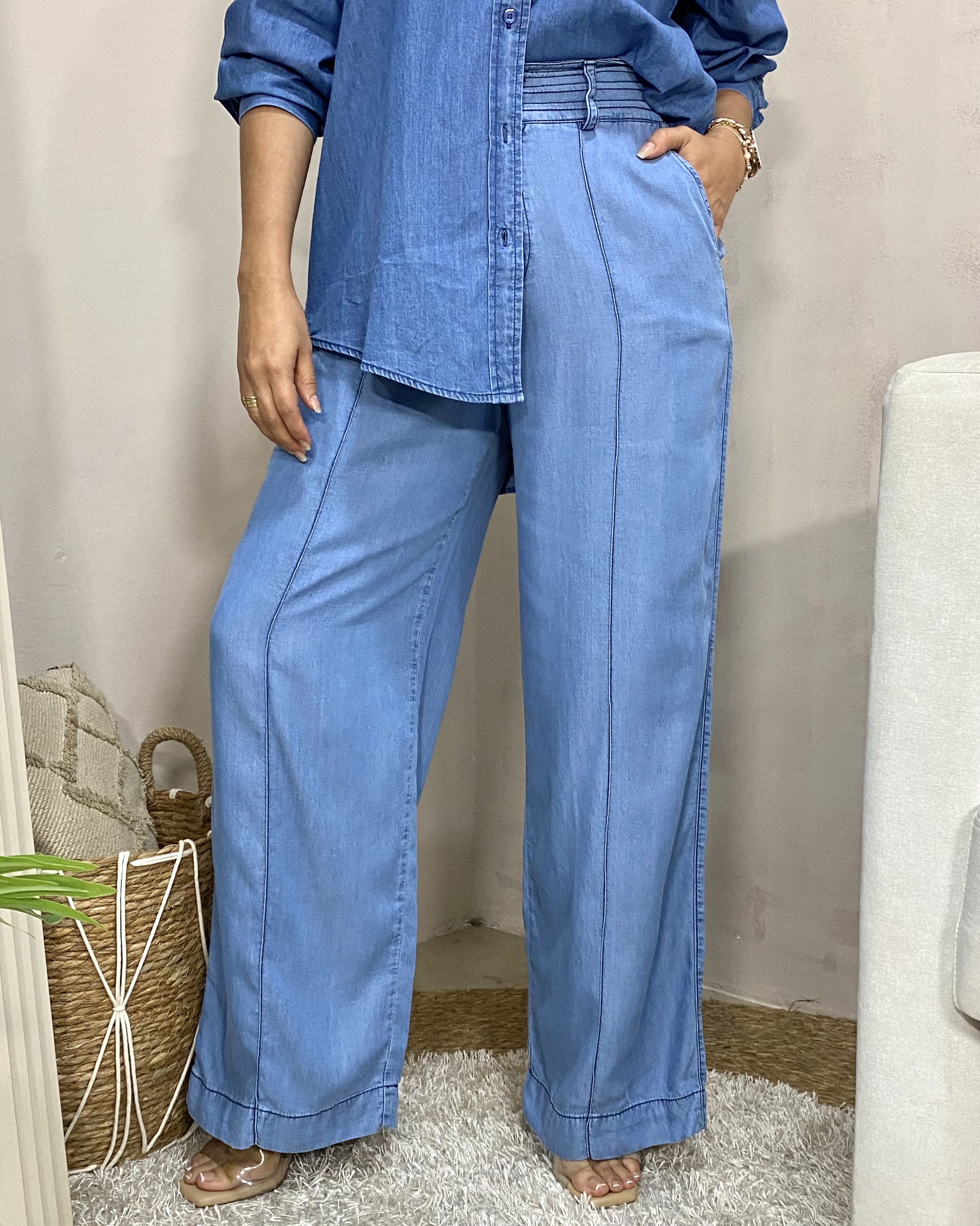 Jean wide leg con costuras al frente - S, Celeste denim