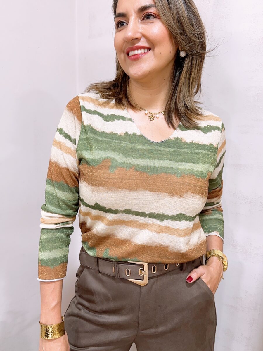 Blusa manga larga cuello en V destellos dorados