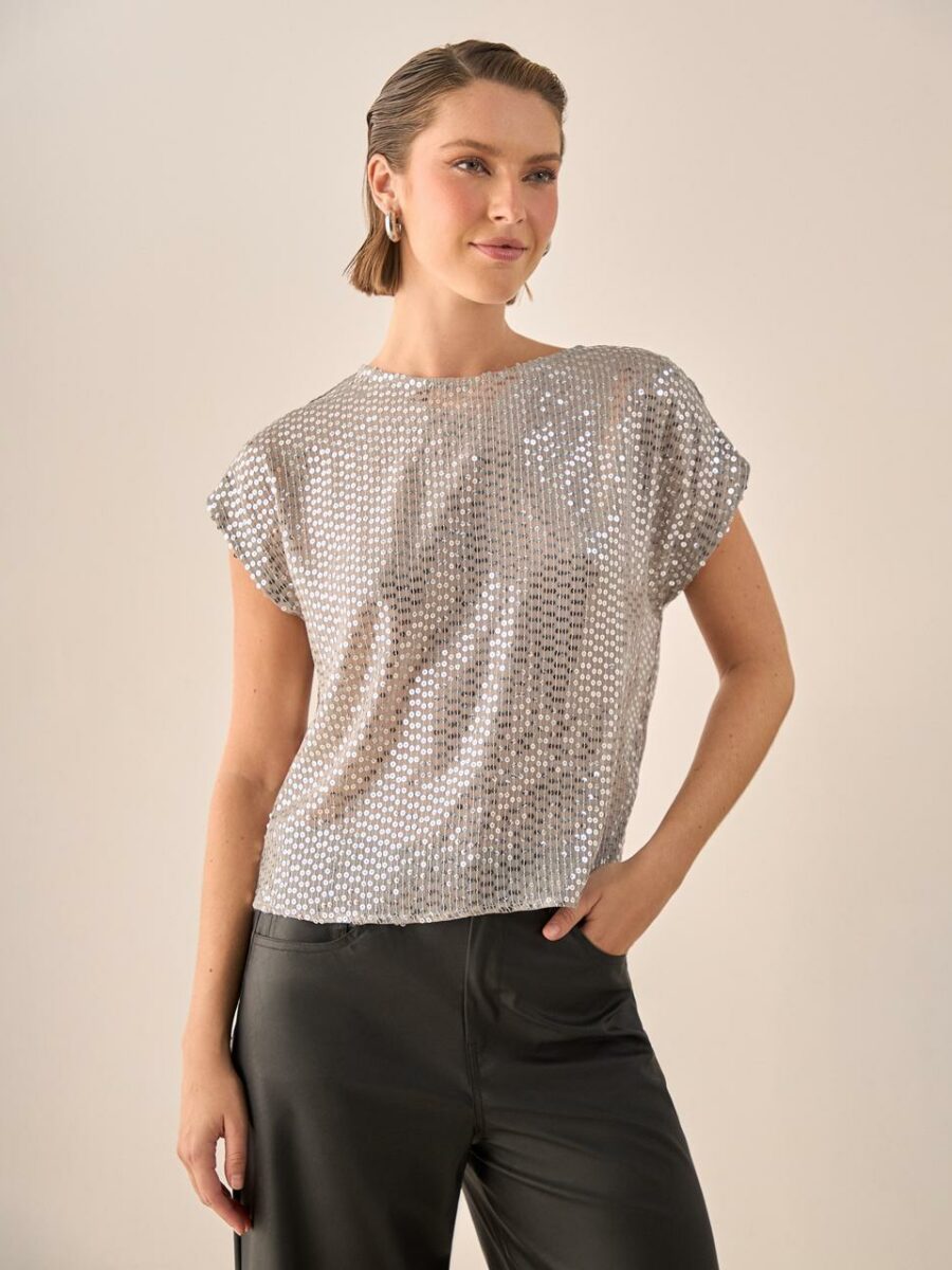 Blusa manga sisa con lentejuelas plateadas