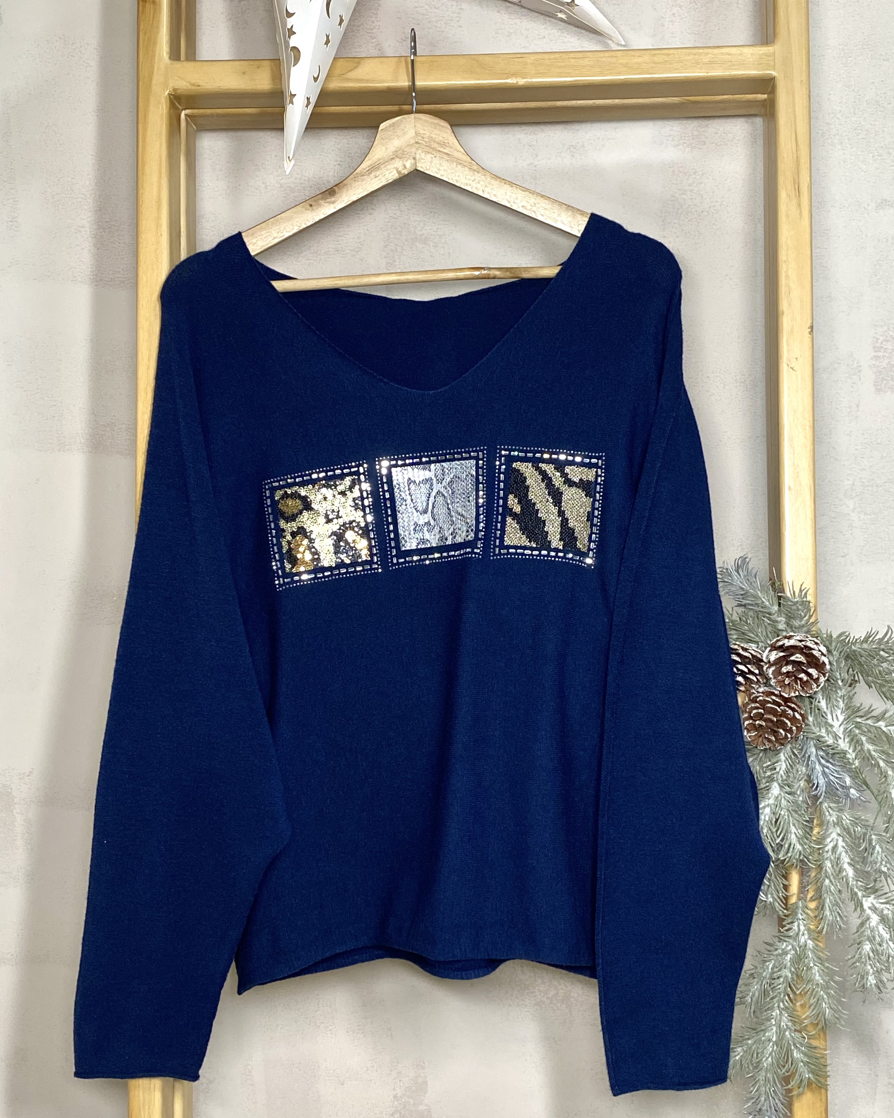 Sweater cuello en V con detalle print en lentejuelas - Única, Azul lentejuelas print