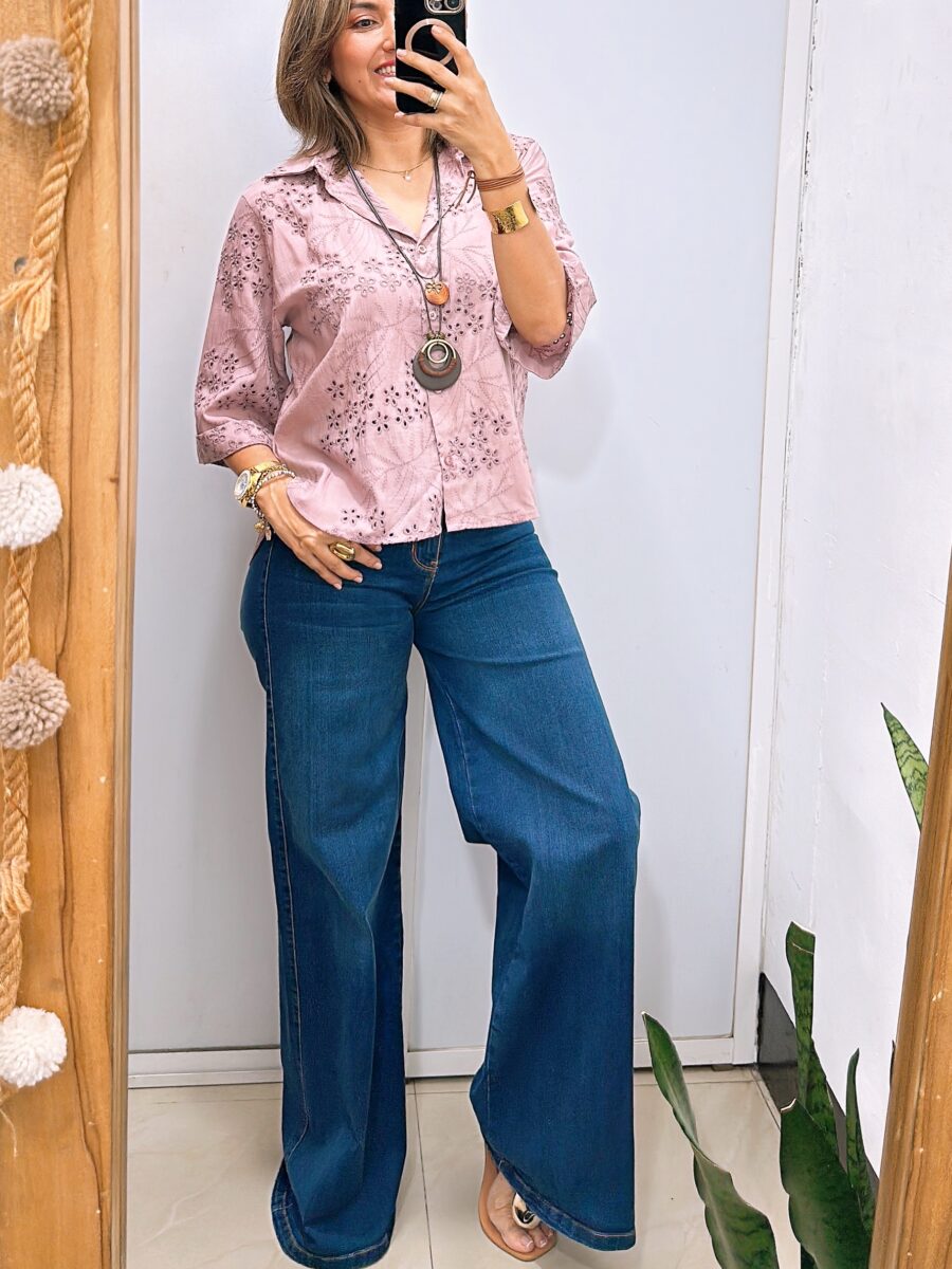 Jean tiro alto basta campana bolsillos decorativos