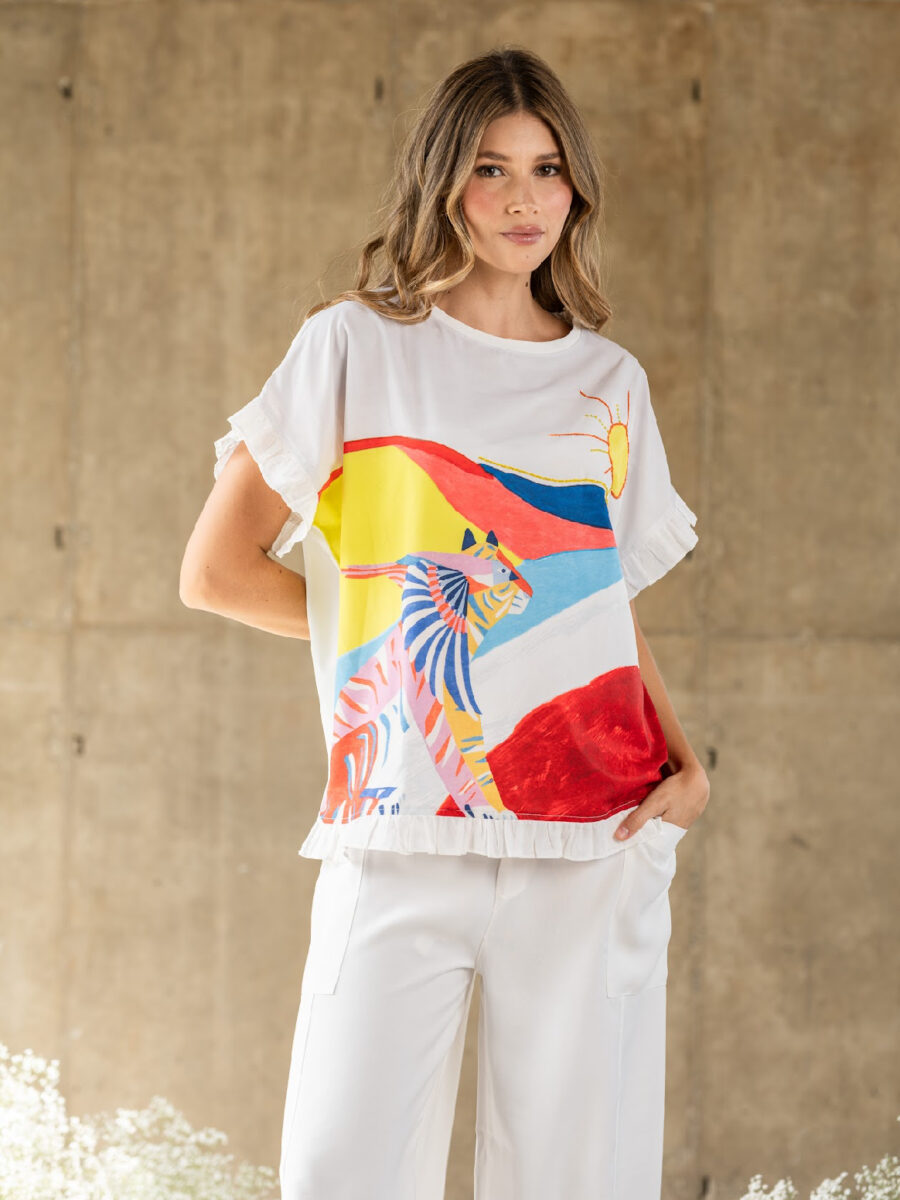 Blusa manga corta combinación texturas y estampado