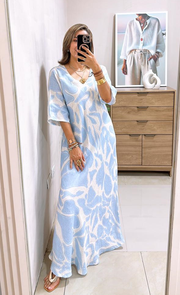 Vestido maxi estampado 100% Lino