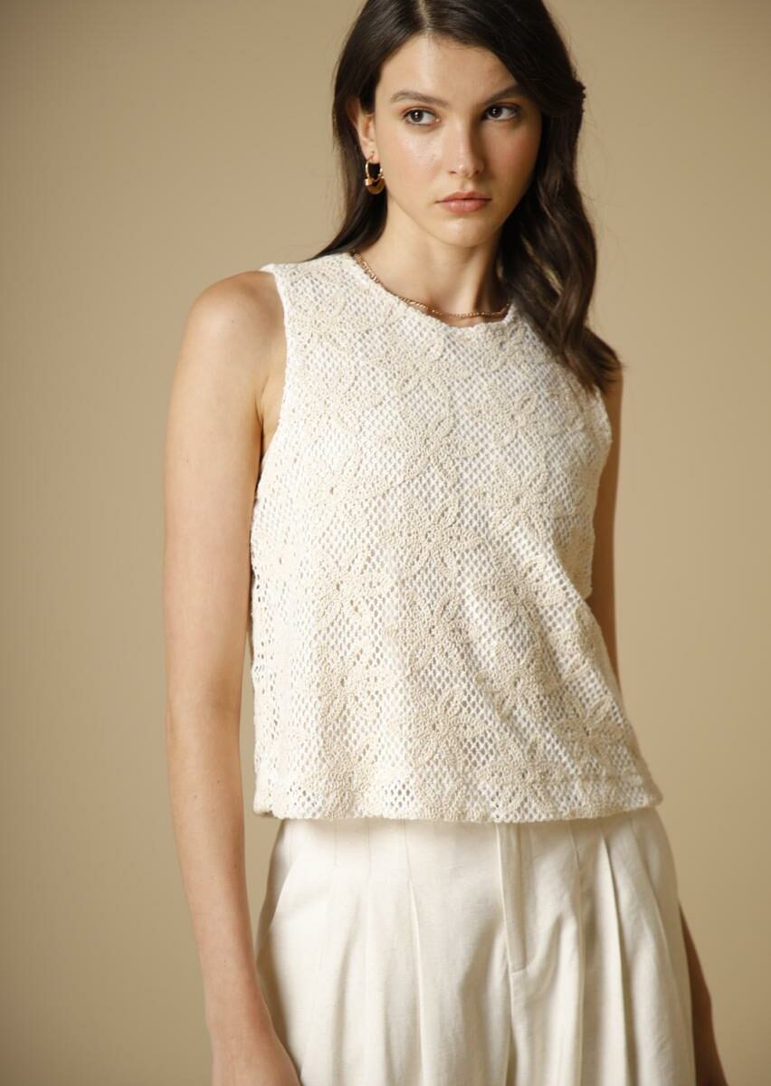 Blusa cuello redondo con detalles tejidos a chochet