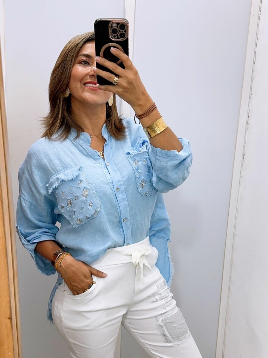 Blusa100% Lino manga 3/4 con detalles en bolsillos