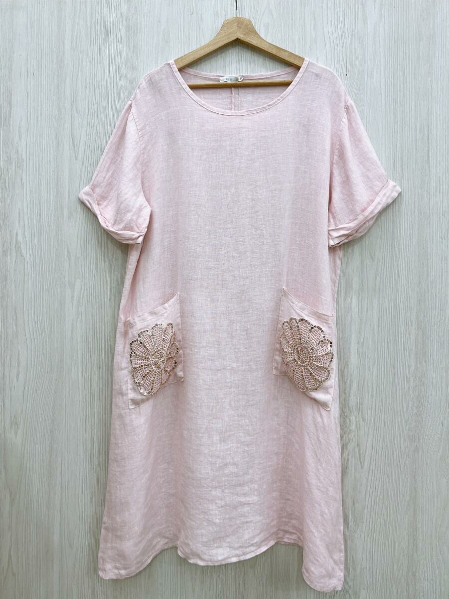 Vestido manga corta en lino con bolsillos en frente