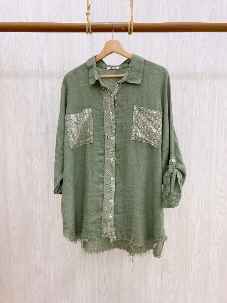 Blusa lino 100% manga larga con lentejuelas